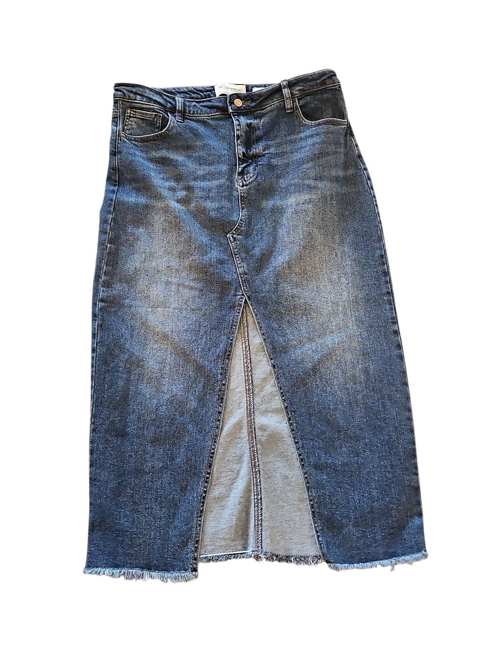 Dark Blue Denim Midi Skirt with Front Slit Celebrity Pink Size 12 31 Frayed